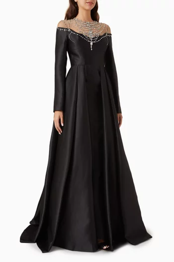 فستان جويل طويل بفتحة رقبة مطرزة