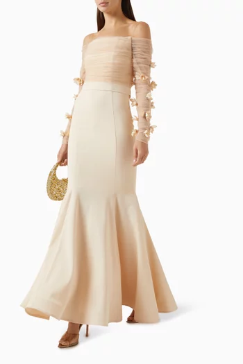 Off-shoulder Floral-appliqué Gown