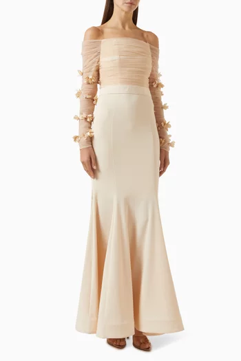 Off-shoulder Floral-appliqué Gown