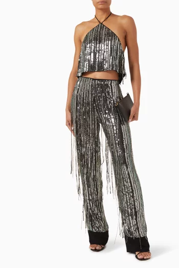 Sequin-embellished Fringe Pants in Georgette