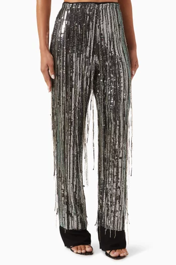 Sequin-embellished Fringe Pants in Georgette