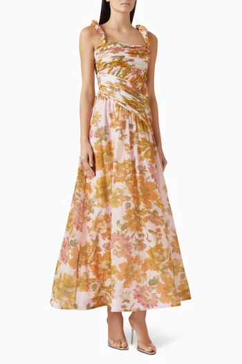 فستان سهرة بحمالات كشكش قطن وحرير أورجانزا