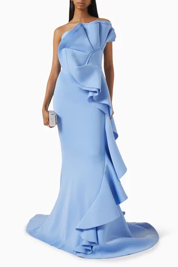 فستان سهرة بلا أكمام مزين بكشكش ستان