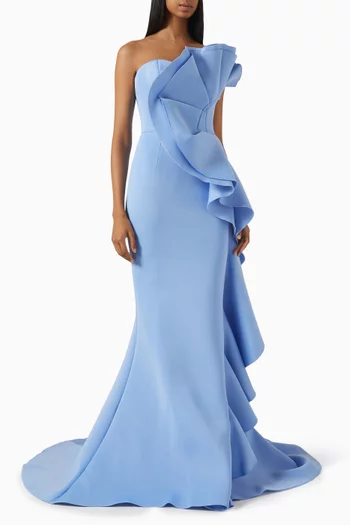 فستان سهرة بلا أكمام مزين بكشكش ستان