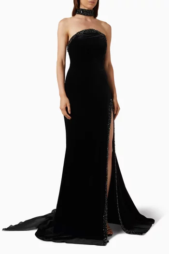 Strapless Embellished Maxi Dress in Velvet