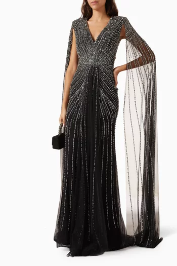 Embellished Cape-sleeve Gown