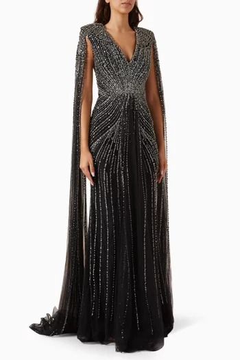 Embellished Cape-sleeve Gown