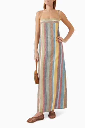 فستان لورا طويل بنقشة مخططة كتان