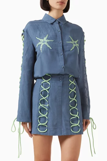 فستان كيكي قصير بأربطة دينم