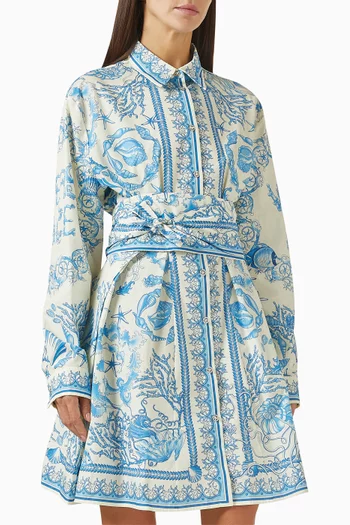 فستان قصير بنمط قميص بنقشة أحياء بحرية باروكية قطن بوبلين