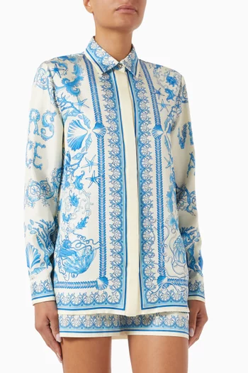 قميص فولار بنقشة أحياء بحرية باروكية حرير تويل