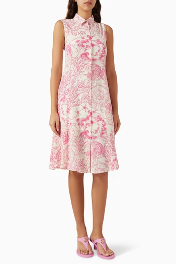 فستان متوسط الطول بنقشة أحياء بحرية باروكية كريب صيني