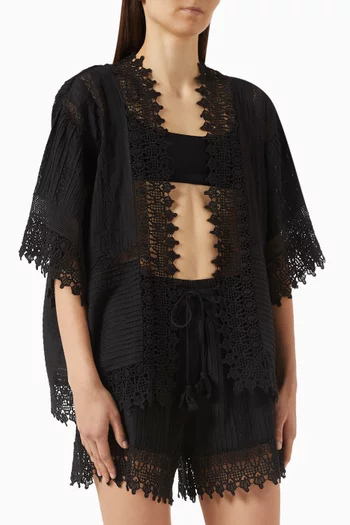 Ethereal Lace-trim Kimono in Cotton Blend