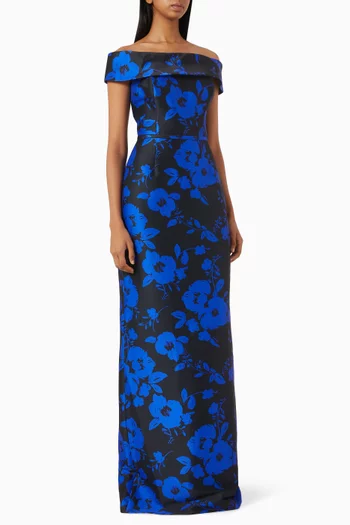 فستان سهرة بأكتاف مكشوفة ونقشة زهور ميكادو مطاطي