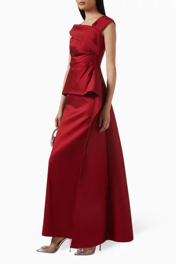 فستان بتصميم غير متماثل وحافة بشكل جرس حرير