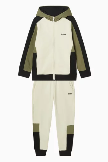 كنزة بغطاء رأس وسحّاب وتصميم مقسم بألوان بشعار الماركة صوف