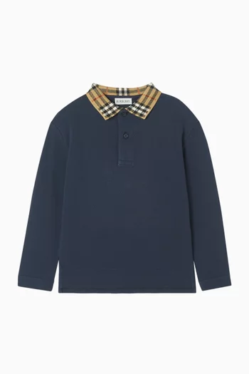 Check Collar Long-sleeve Polo Shirt in Cotton-pique