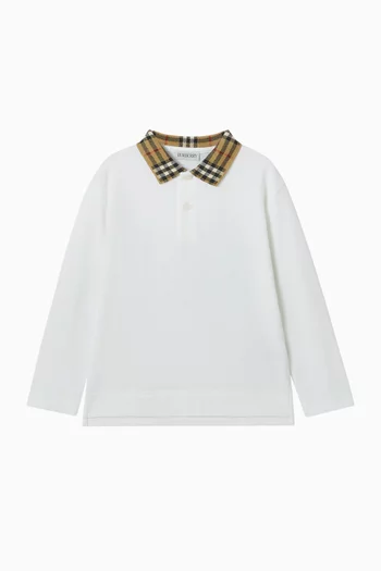 Check Collar Long-sleeve Polo Shirt in Cotton-pique