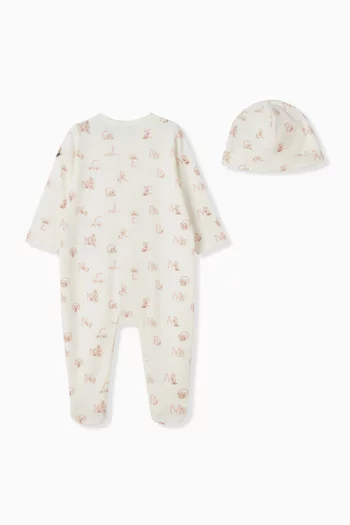 All-over Print Sleepsuit & Beanie Set in Cotton