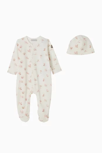 All-over Print Sleepsuit & Beanie Set in Cotton