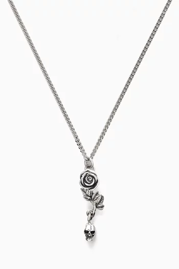 Rose and Skull Pendant Necklace in Sterling Silver