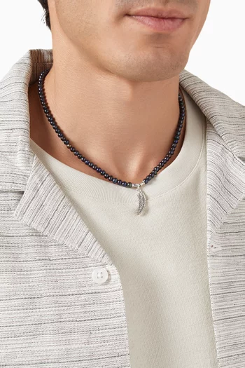 Black Pearl Feather Pendant Necklace in Sterling Silver