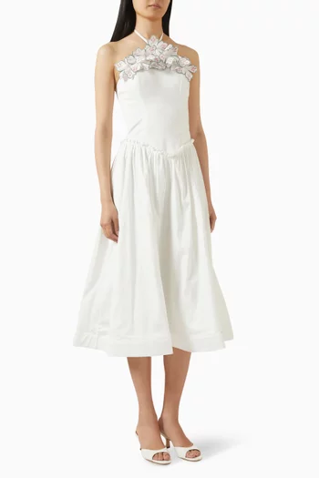 فستان بروما مزين بزهور بارزة مزيج قطن