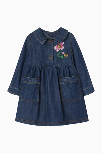 Floral-embroidered Dress in Denim