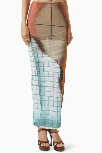 Twisted Fire-print Maxi Skirt in Mesh