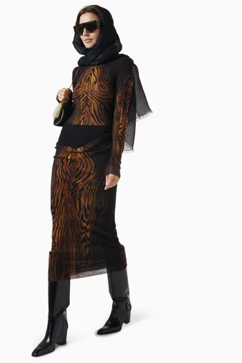 Wood-print Draped Midi Skirt in Mesh