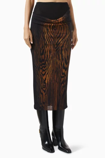 Wood-print Draped Midi Skirt in Mesh