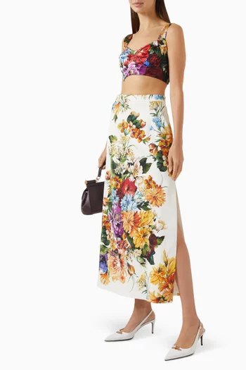Flower Bouquet-print Midi Skirt in Cotton