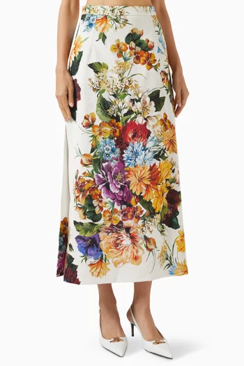 Flower Bouquet-print Midi Skirt in Cotton
