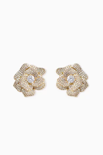 Gold Crystal Flower Stud Earrings in Gold-plated Brass