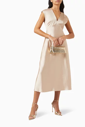 فستان متوسط الطول بقصة انسيابية ستان