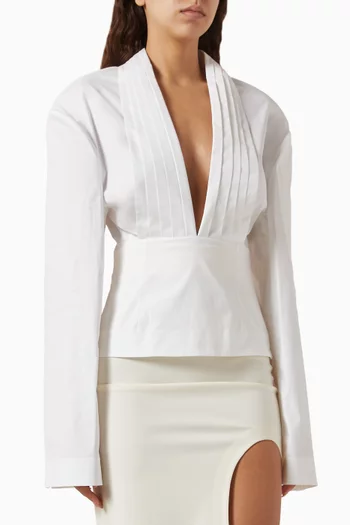 بلوزة توكسيدو بياقة عريضة بطيات قطن