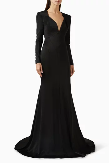 Plunge-neck Gown in Satin Crepe