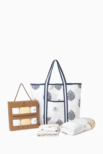 BU OH BABY! LUXE GIFT SET: BLOCK PRINT TOWEL, 3PACK SWADDLE, DOUDOU (BEES), AND DOHAR ( ERAWAN):Yellow    :One Size|218532709