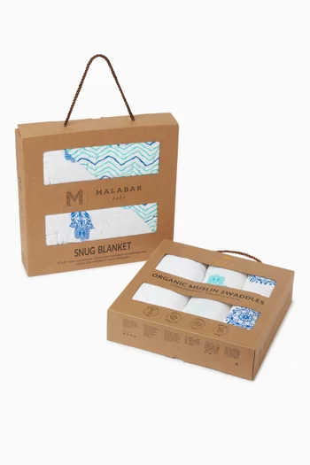 BU OH BABY! LUXE GIFT SET: 3 PACK SWADDLE (LITTLE HABIBI) AND SNUG BLANKET ( HAMSA):Blue:One Size|218532717