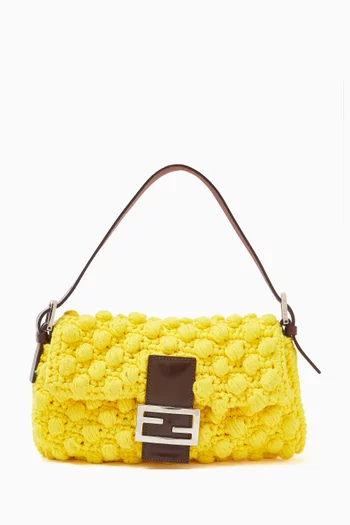 2000s Baguette Shoulder Bag in Crochet Cotton & Leather