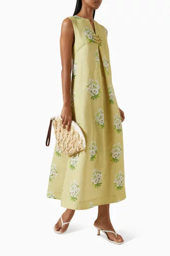 Bouquet Pleat Maxi Dress in Linen-cotton
