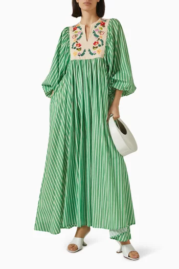 Embroidered Bib Maxi Dress in Cotton