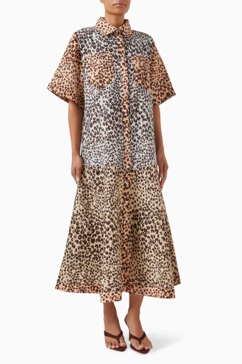 Leopard-print Spliced Drop-waist Shirt Dress