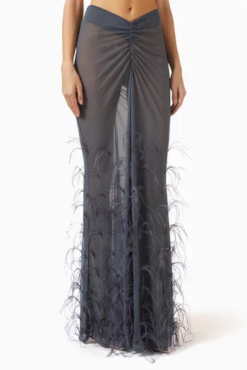 Feather Ruched Maxi Skirt in Mesh