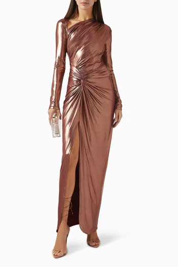 Asymmetric Draped Sarong Dress in Coated Jersey