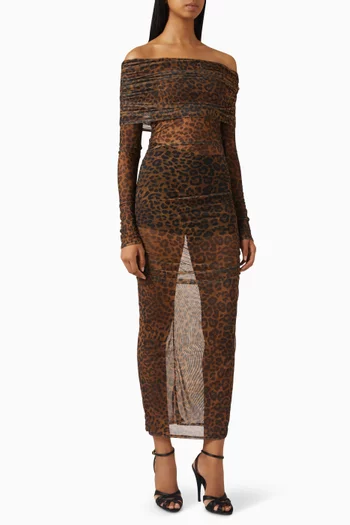 Printed Off-shoulder Midi Dress in Mesh