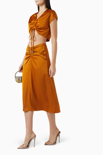 Lain Ruched Midi Skirt in Satin