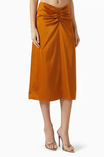 Lain Ruched Midi Skirt in Satin