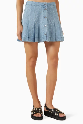 Rhinestone Pleated Mini Skirt in Denim