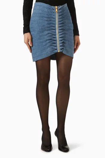 Pleated Zipped Mini Skirt in Denim